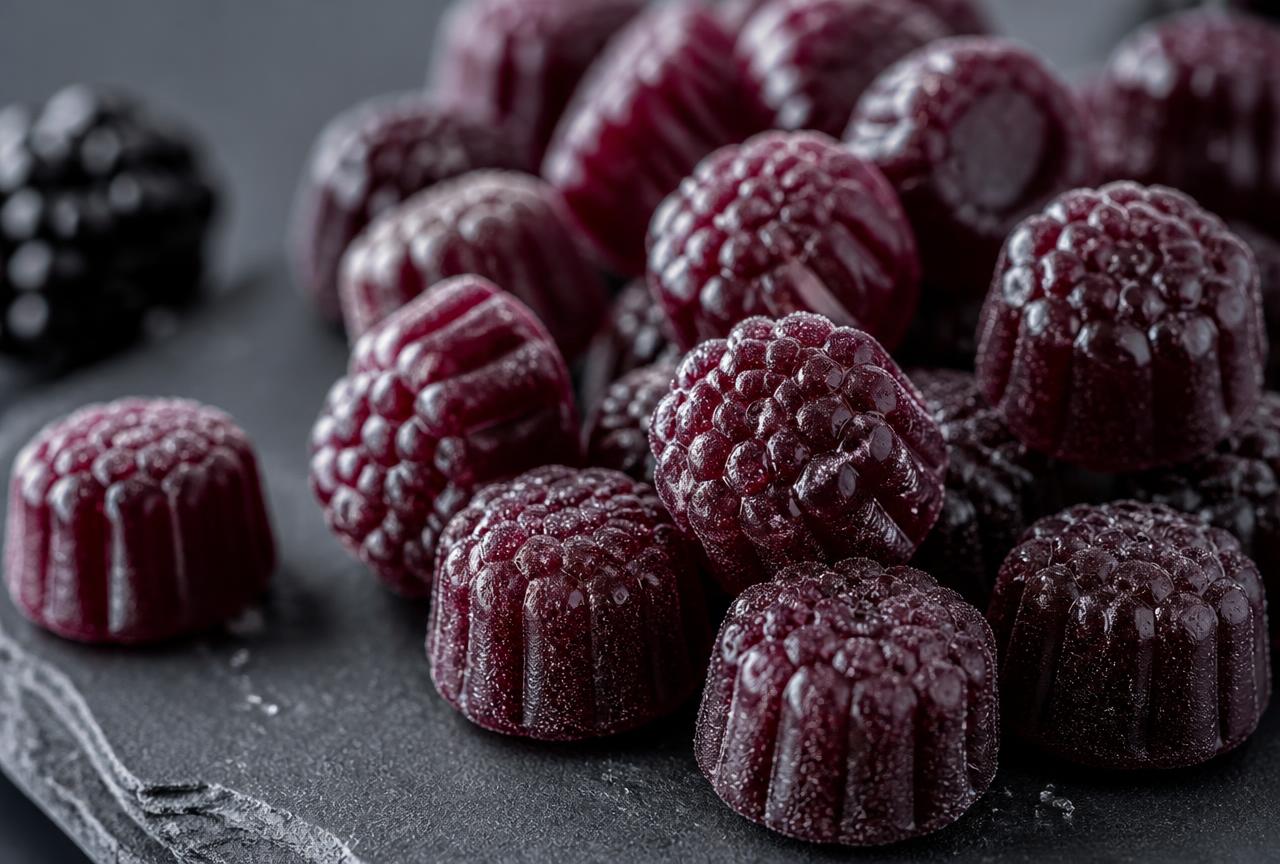 Close-up of deep purple Viral Spark Keto style berry gummies