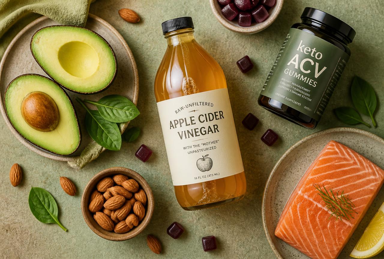 Keto staples including avocado, apple cider vinegar, almonds, salmon and purple gummies